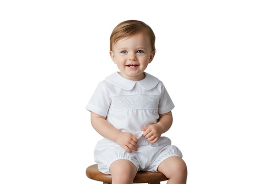 White Banks Button on Suit- White Handsmocked Cross