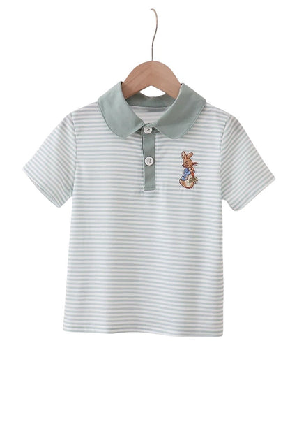 Sage bunny embroidery stripe shirt with cute bunny detail on soft striped fabric
