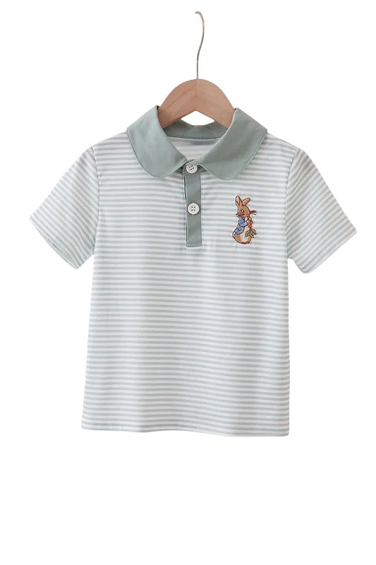 Sage bunny embroidery stripe shirt with cute bunny detail on soft striped fabric