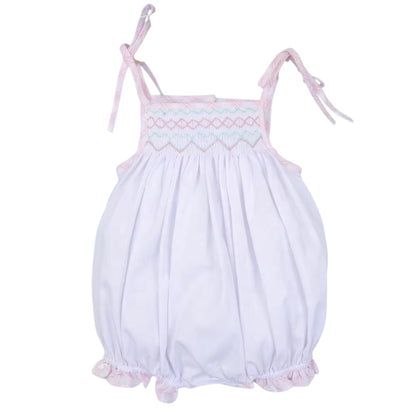 Geometric Handsmocked baby bubble with pink straps and ruffle bottom for girls