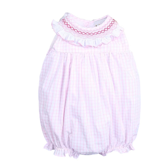 PInk Check Hand Smocked Ruffled Geometric Bubble