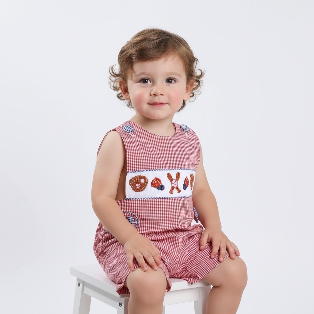 Baseball smocked red gingham shortall for toddlers with smocked detailing and classic gingham pattern
