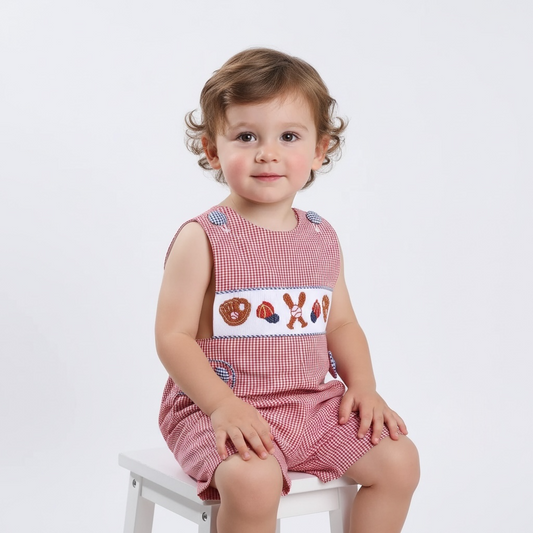 Baseball smocked red gingham shortall for toddlers with smocked detailing and classic gingham pattern