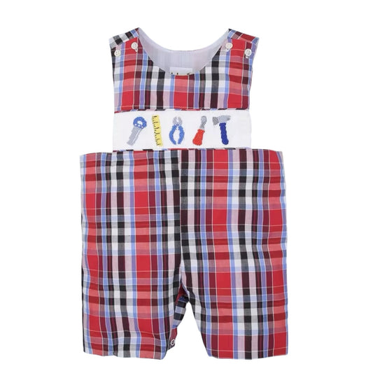 Adorable Hand smocked tools boy shortall
