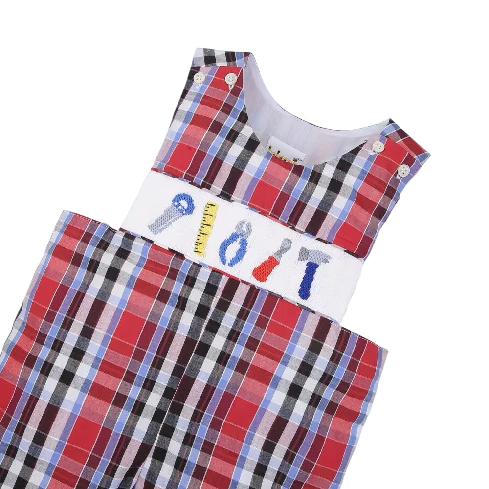 Adorable Hand smocked tools boy shortall