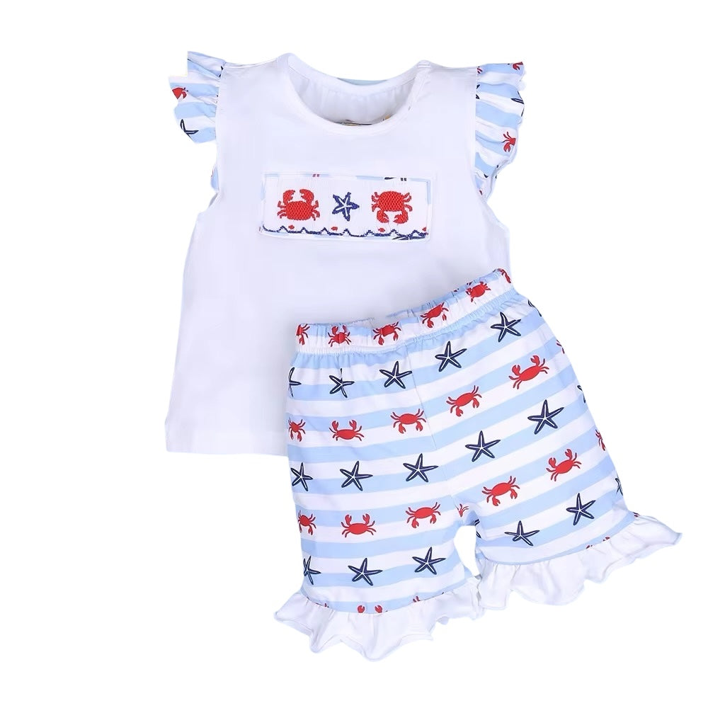 Smocked crab and starfish girl short set