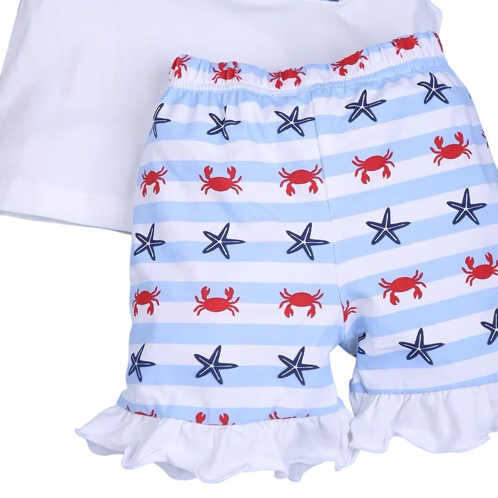 Smocked crab and starfish girl short set