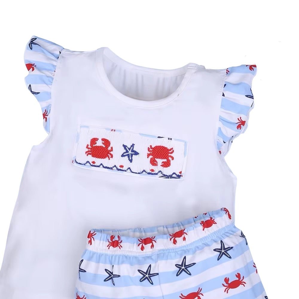 Smocked crab and starfish girl short set