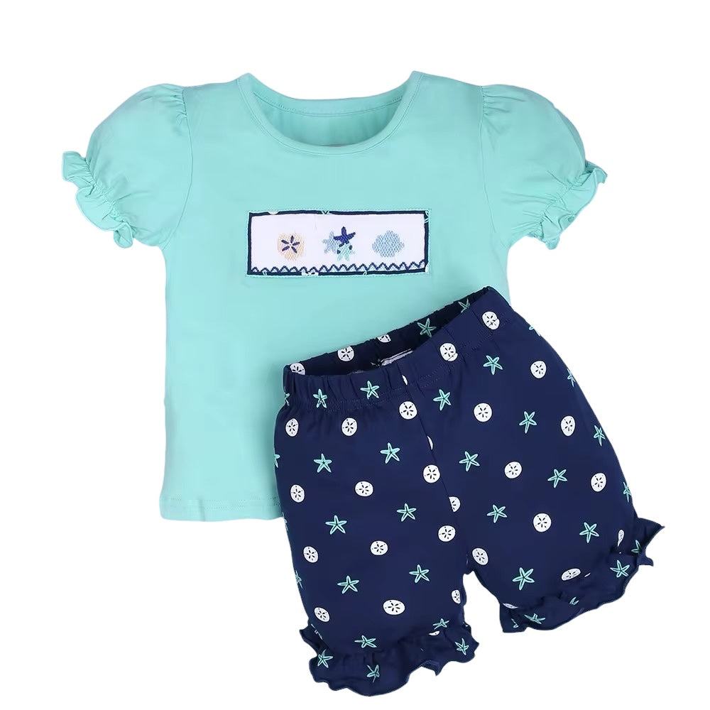 Summer girl set mint navy smocked stafish