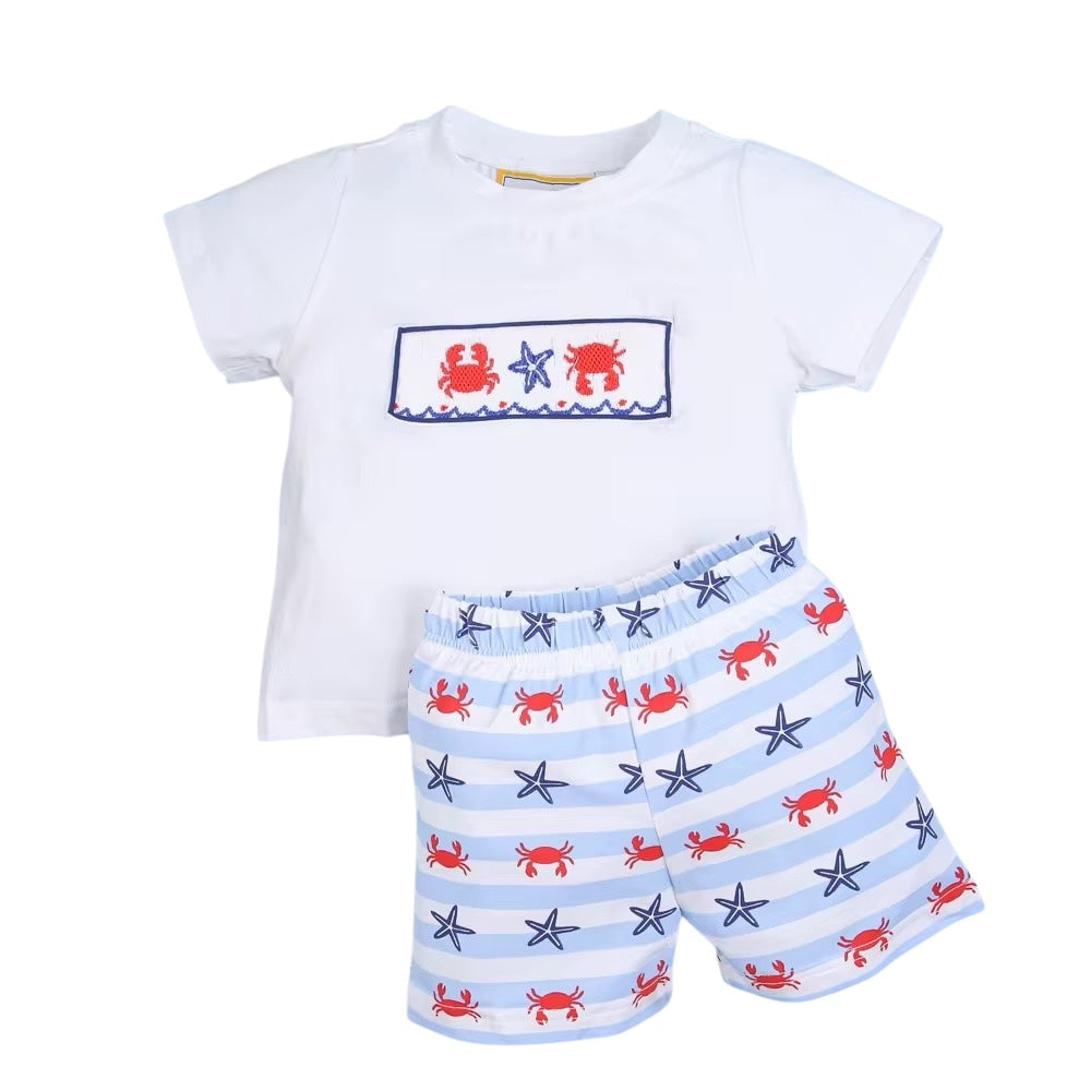 Smock crab and starfish boy short set red and navy