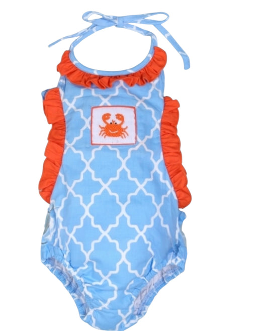 Adorable crab  Hand smocked swimwear for little girl