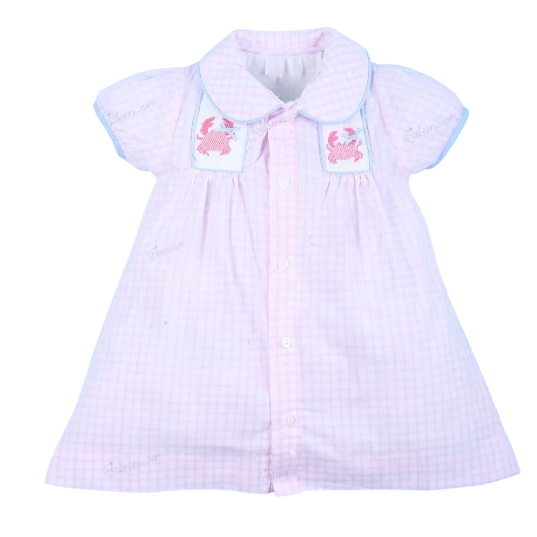 Light Pink  Hand Smocked Dress With Crab For Gir