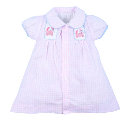 Light Pink  Hand Smocked Dress With Crab For Gir