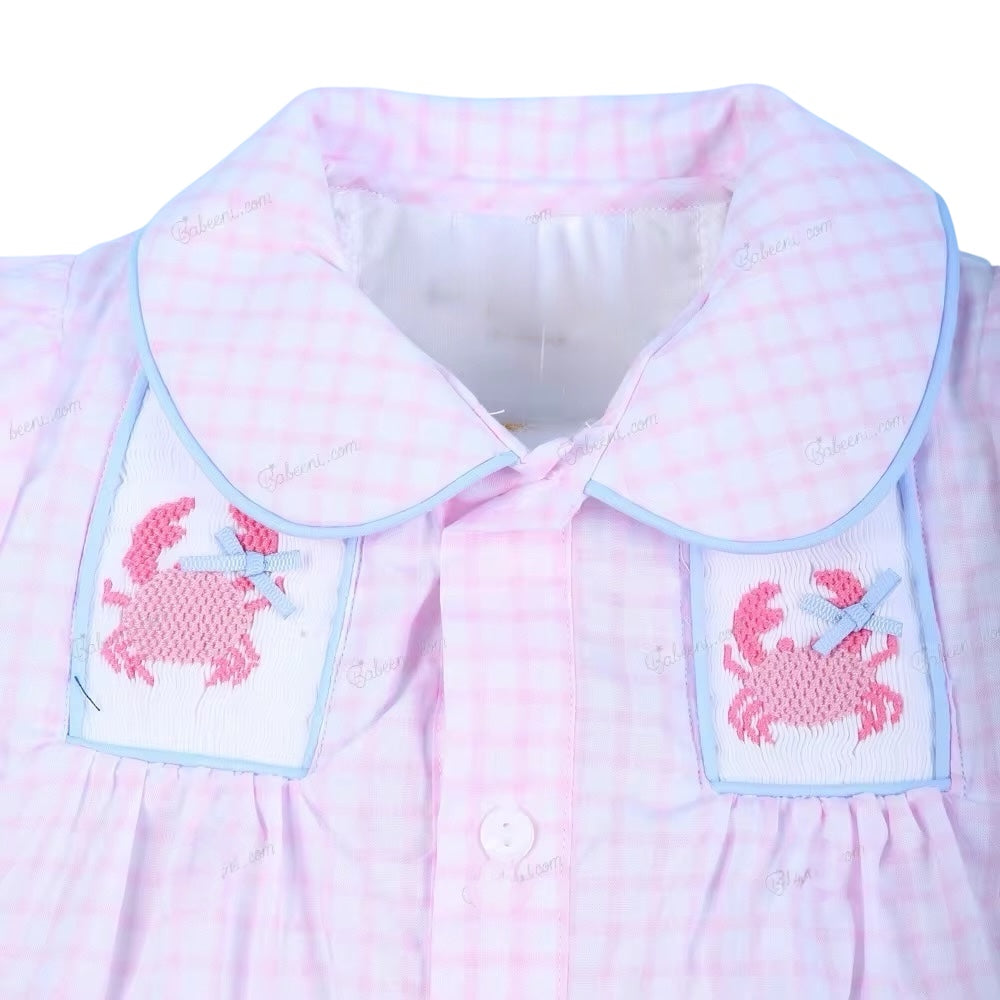 Light Pink  Hand Smocked Dress With Crab For Gir