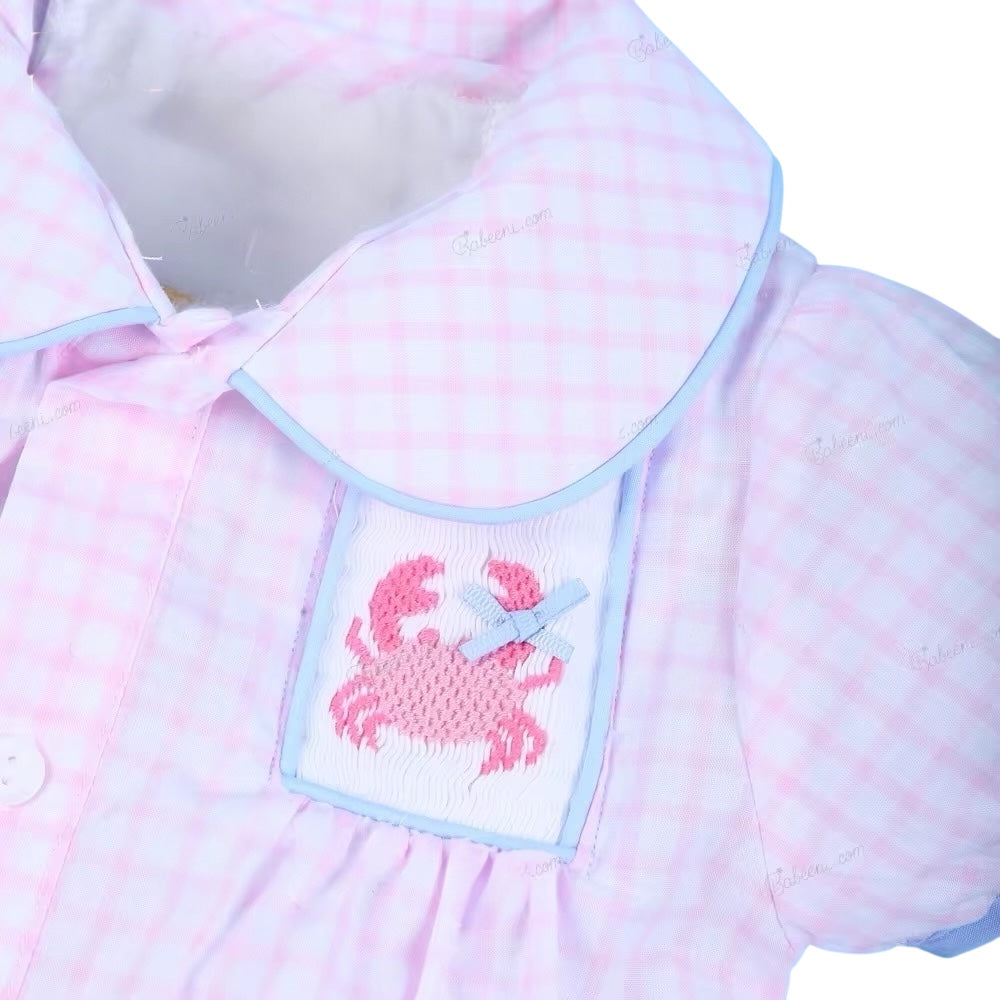 Light Pink  Hand Smocked Dress With Crab For Gir