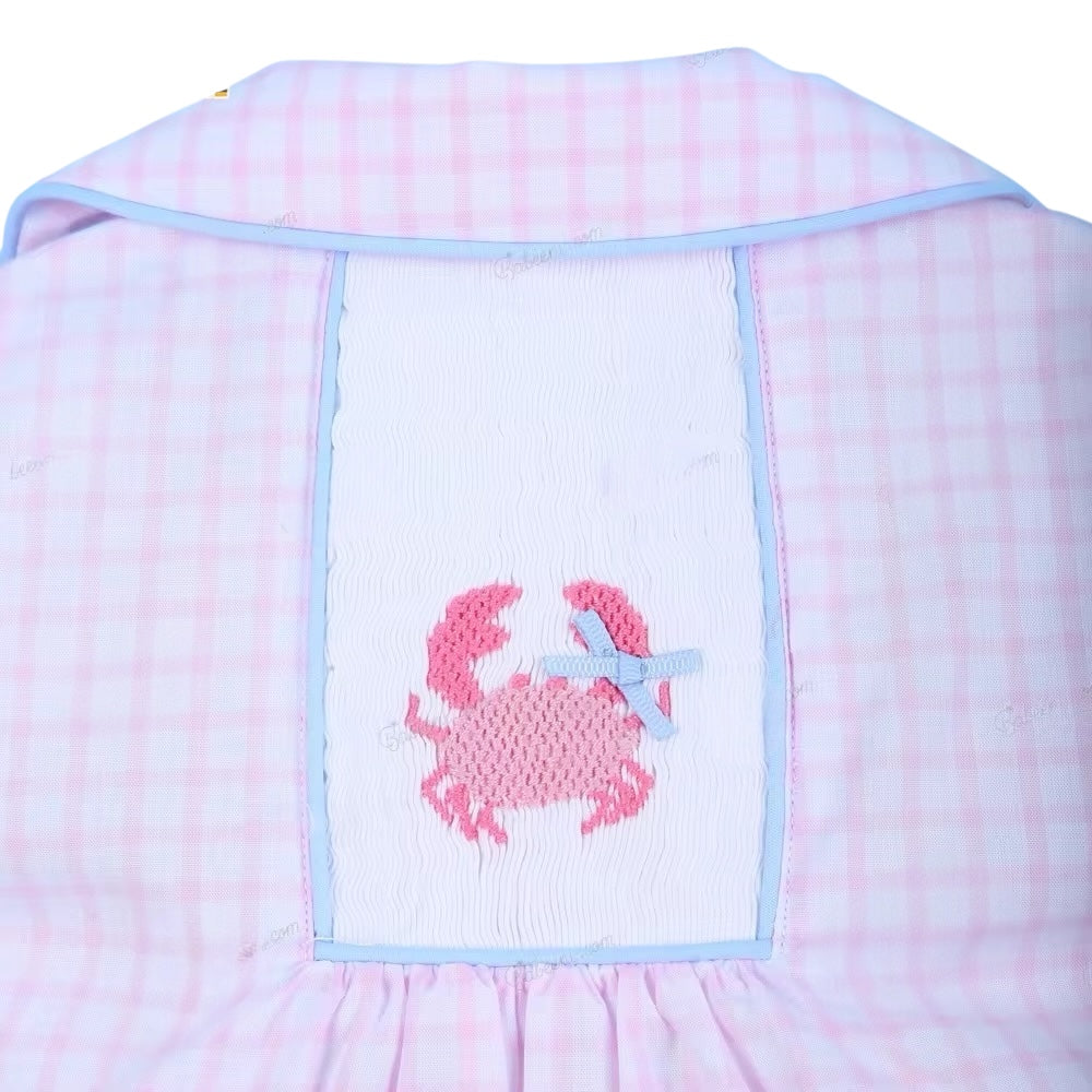 Light Pink  Hand Smocked Dress With Crab For Gir