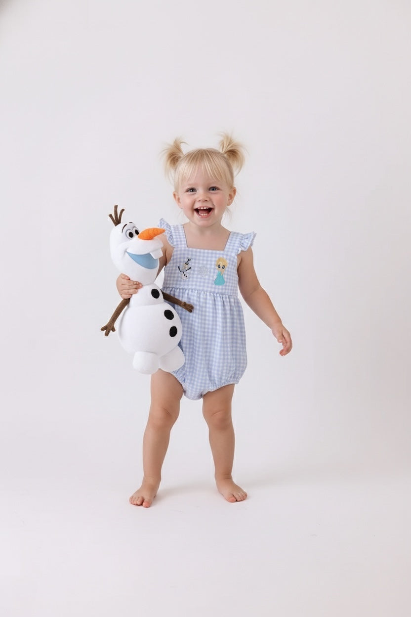PREMIUM BLUE SNOWMAN EMBROIDERY GINGHAM RUFFLE BUBBLE