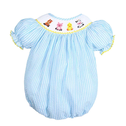 Hand smocked animal seersucker baby bubble romper for girl with yellow zigzag sleeves