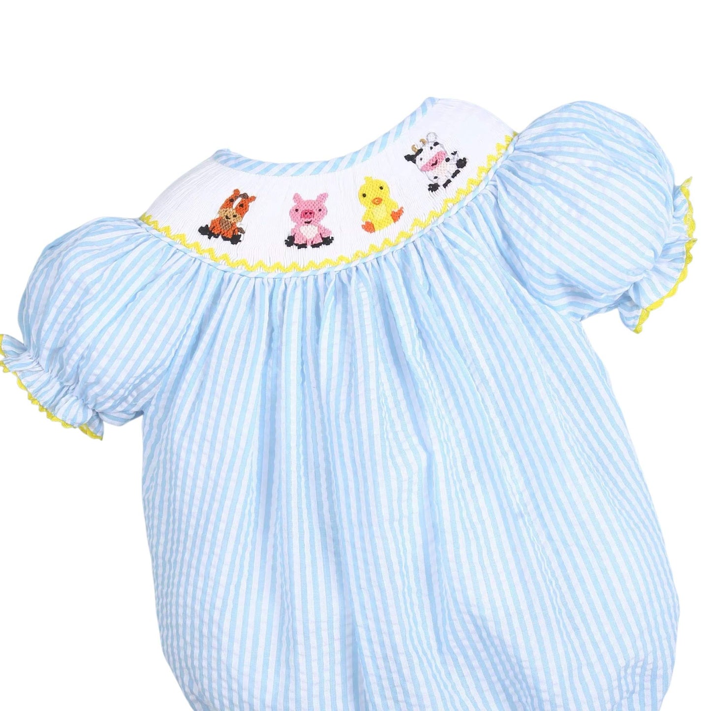 Hand Smocked animal  seersucker baby bubble for girl