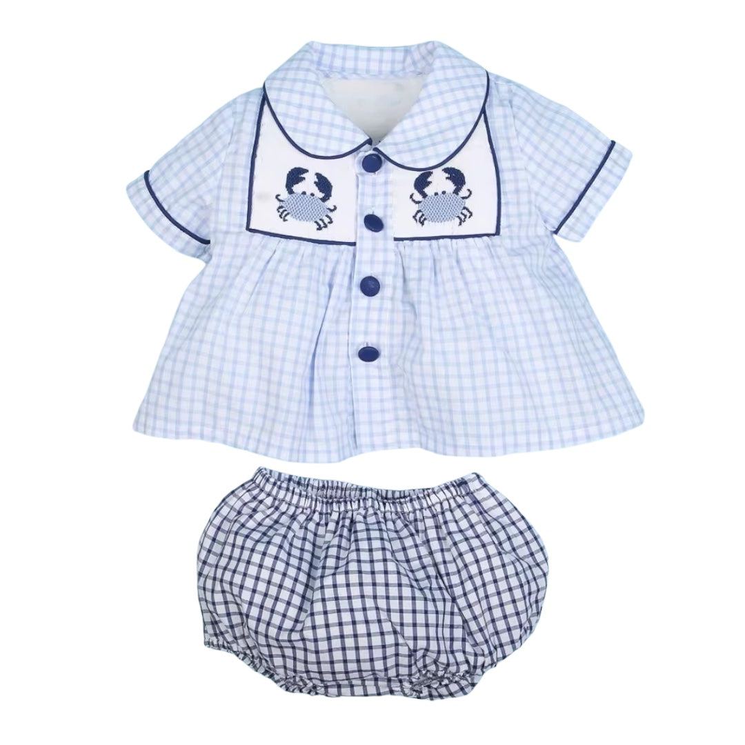 Blue boy short set with crab hand smocked details and navy window pane bottom