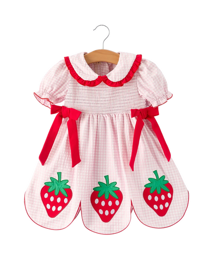 Girls' Plaid Smocked Strawberry Applique Dress