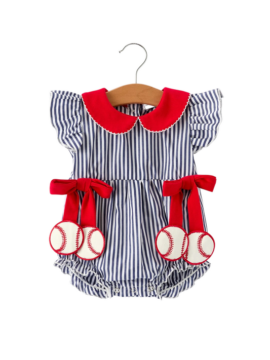 Girls Baseball Team Outfit – Striped Ruffle Sleeve Romper with Ball Design