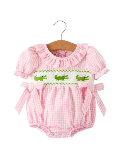 Baby Girls Summer Crocodile Embroidered Smocked Romper