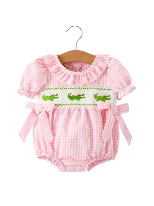 Baby Girls Summer Crocodile Embroidered Smocked Romper