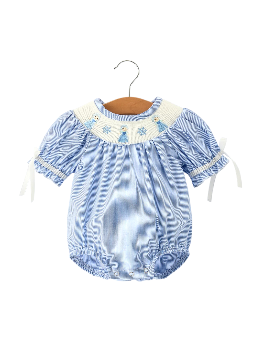 Baby Girls  Frozen Character Romper – Blue Striped Smocked Outfit with Short Sleeves
