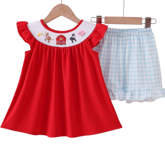 RED FARM SMOCKED GINGHAM RUFFLE SHORTS SET