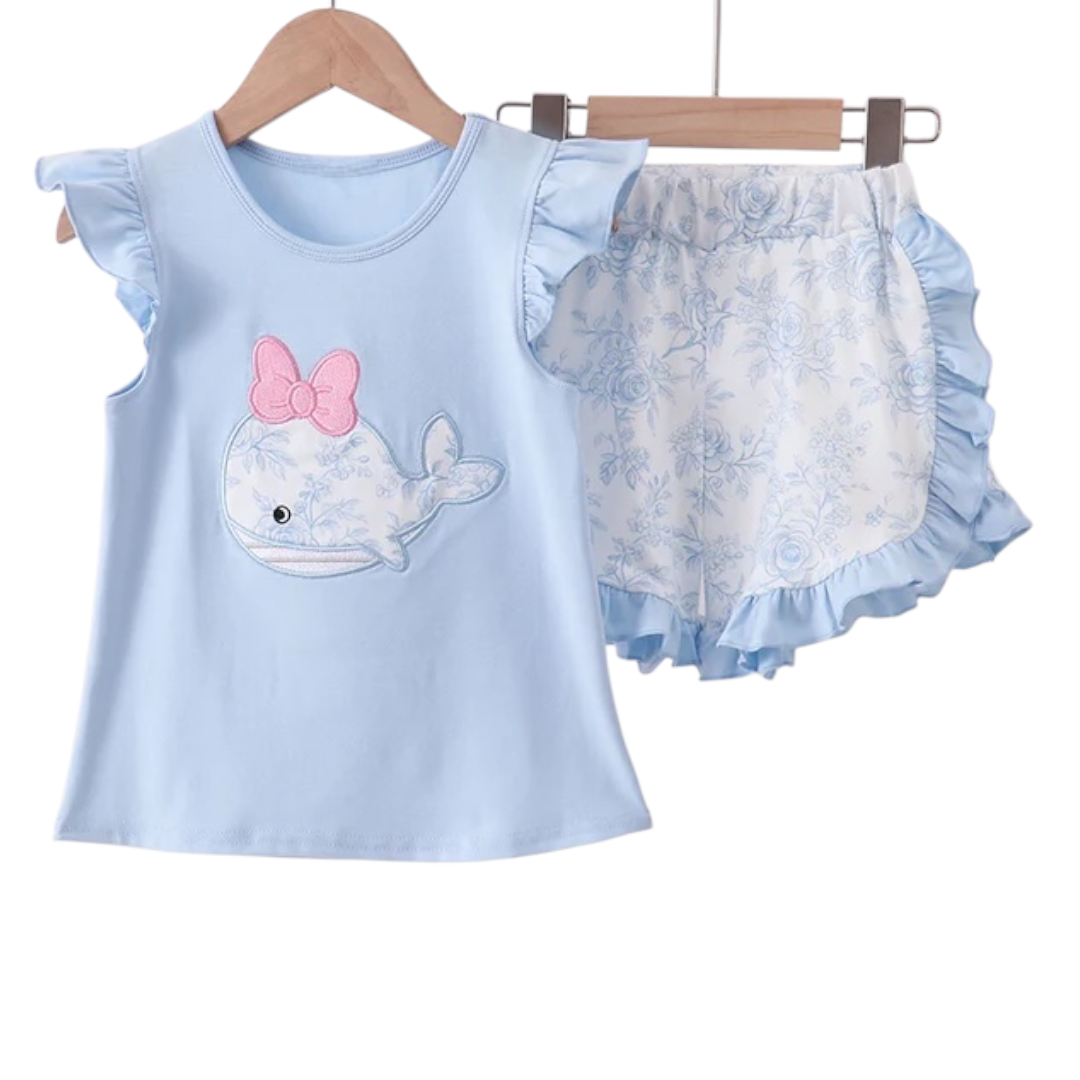 BLUE WHALE APPLIQUE RUFFLE SHORTS SET