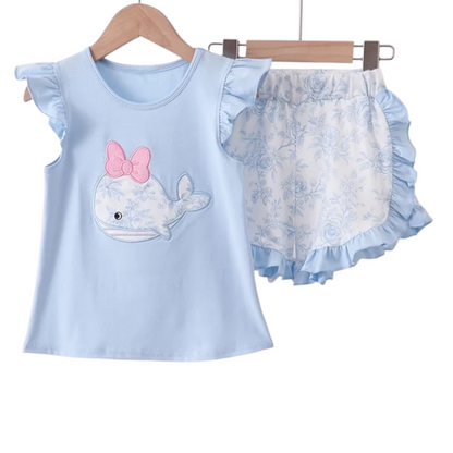 BLUE WHALE APPLIQUE RUFFLE SHORTS SET