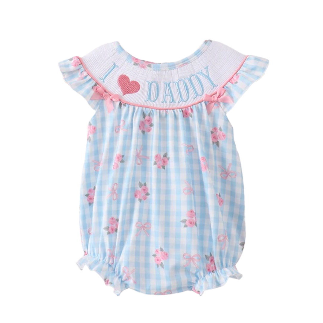 BLUE I LOVE DADDY SMOCKED FLORAL GINGHAM RUFFLE BUBBLE