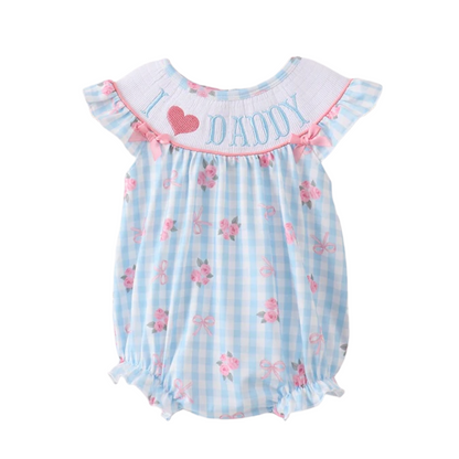 BLUE I LOVE DADDY SMOCKED FLORAL GINGHAM RUFFLE BUBBLE