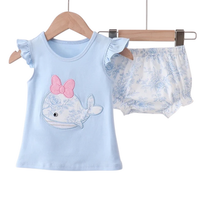 BLUE WHALE APPLIQUE RUFFLE BLOOMER SET