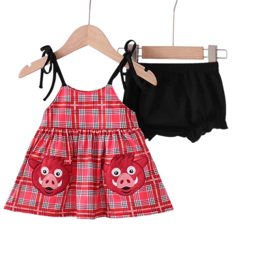 PIG APPLIQUE PLAID BLOOMER SET