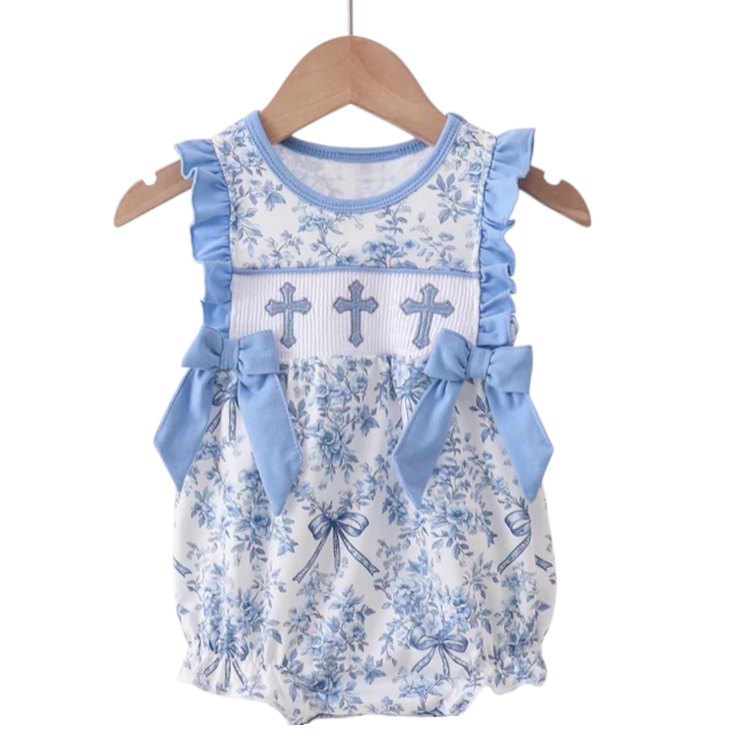 BLUE FLORAL CROSS SMOCKED RUFFLE BUBBLE