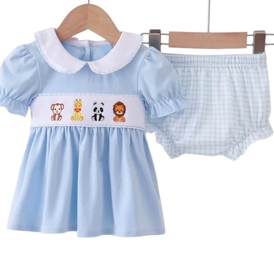 BLUE ZOO ANIMAL EMBROIDERY GINGHAM PUFF SLEEVE BLOOMER SET