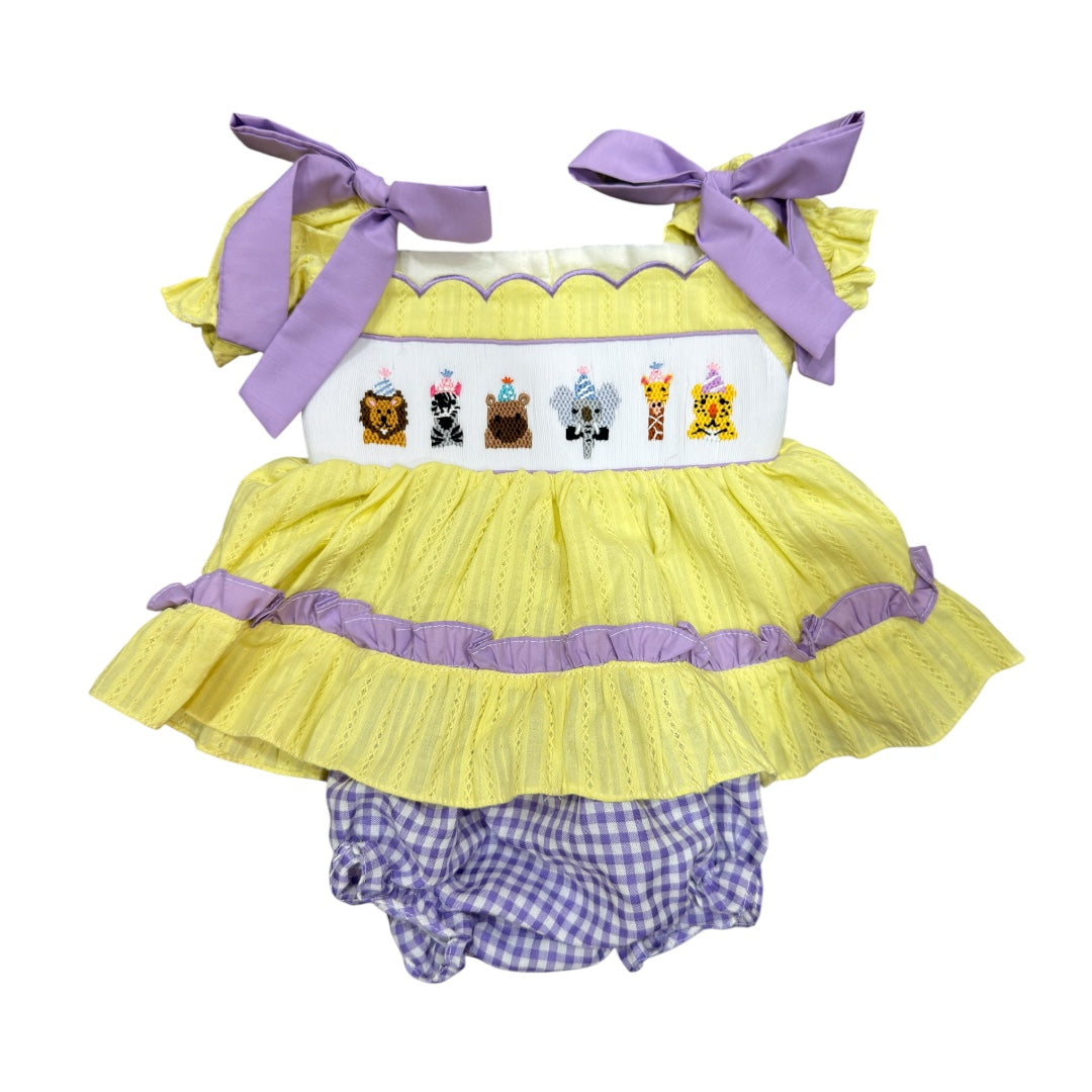 Handsmocked Party Animals Bloomer set