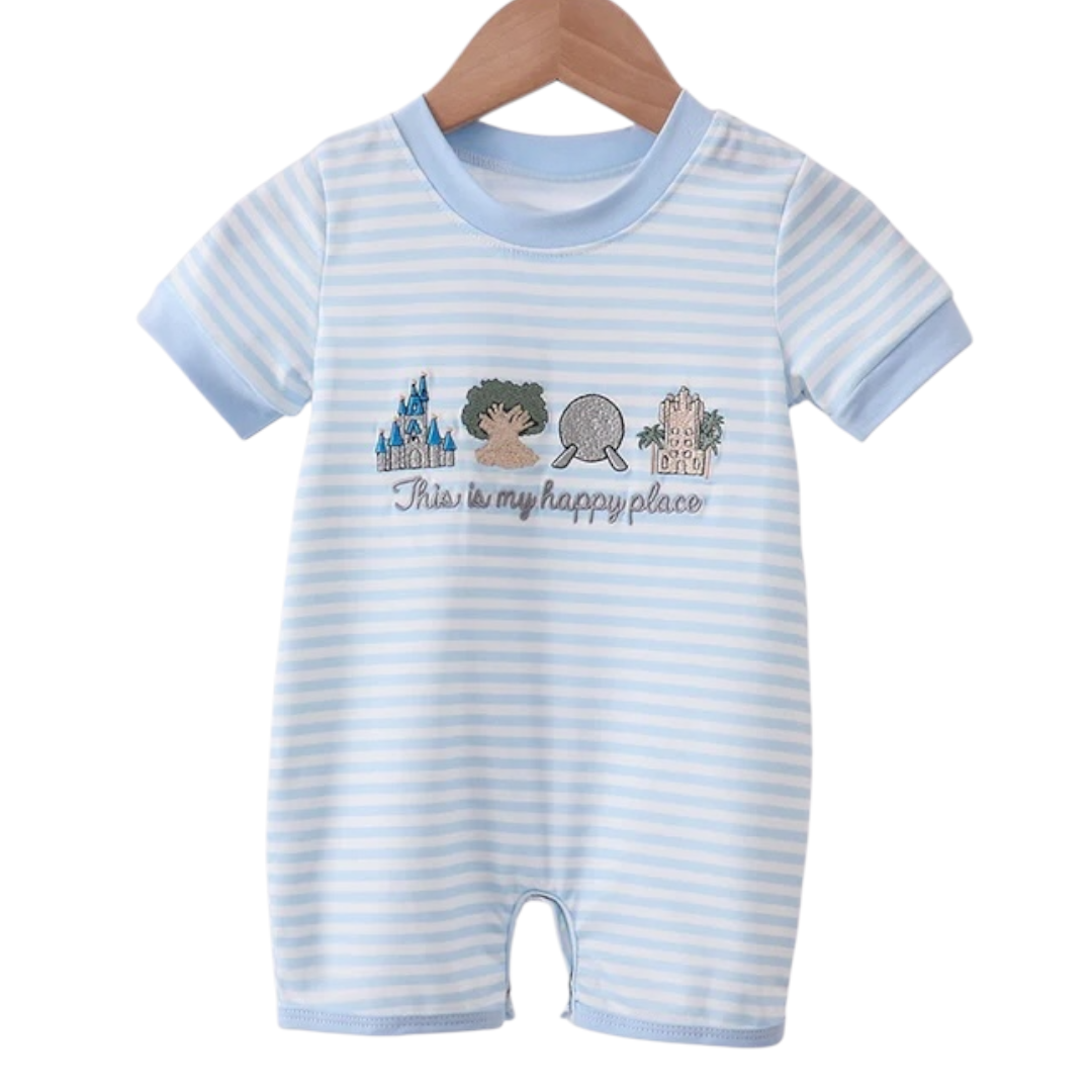 BLUE THIS IS MY HAPPY PLACE EMBROIDERY STRIPE ROMPER