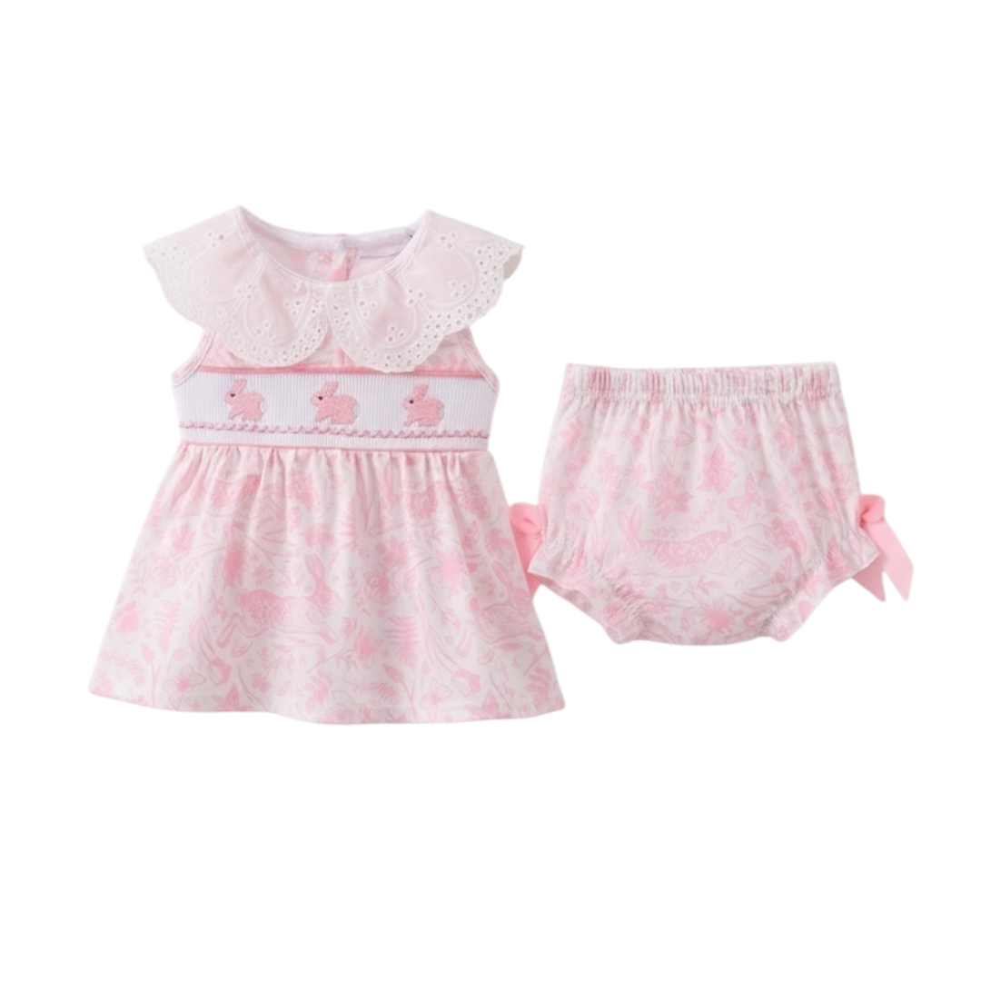 PINK BUNNY SMOCKED LACE COLLAR BOW BLOOMER SET