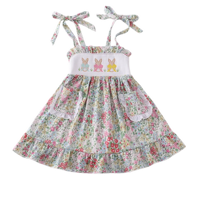 FLORAL PRINT BUNNY EMBROIDERY SMOCKED GIRL DRESS