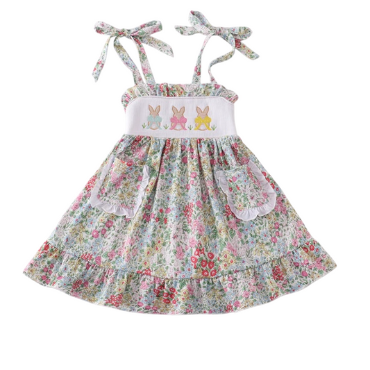 FLORAL PRINT BUNNY EMBROIDERY SMOCKED GIRL DRESS
