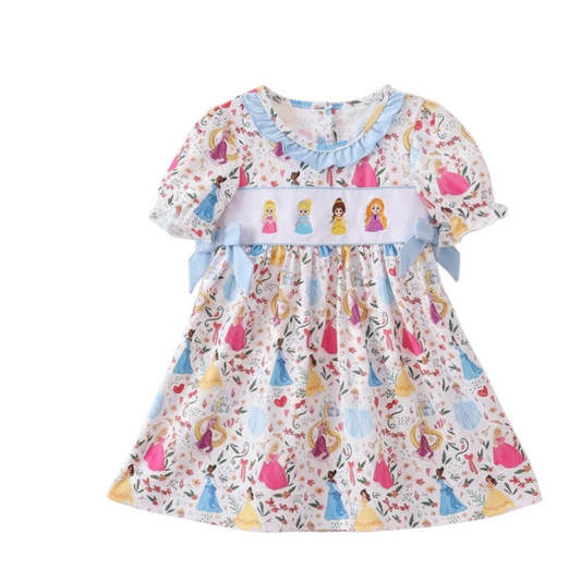 BLUE CHARACTER EMBROIDERY BOW RUFFLE DRESS