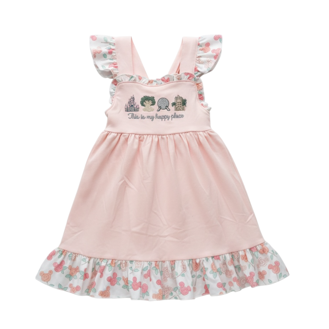 PINK THIS IS MY HAPPY PLACE EMBROIDERY RUFFLE DRESS