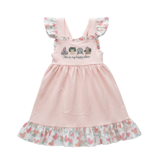 PINK THIS IS MY HAPPY PLACE EMBROIDERY RUFFLE DRESS