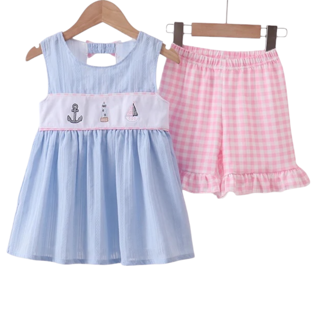 BLUE SAILBOAT EMBROIDERY JACQUARD SHORTS SET