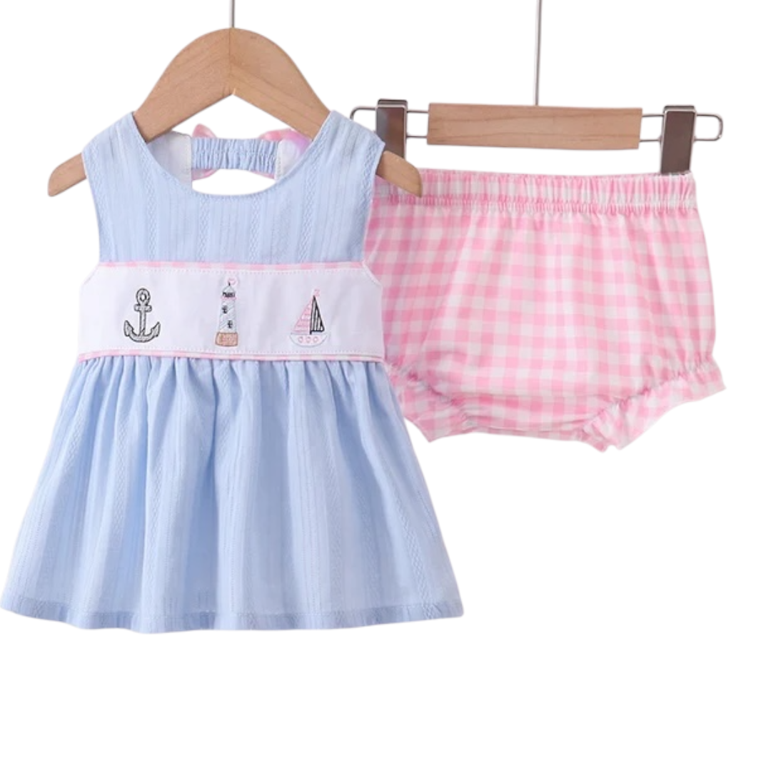 BLUE SAILBOAT EMBROIDERY JACQUARD BLOOMER SET