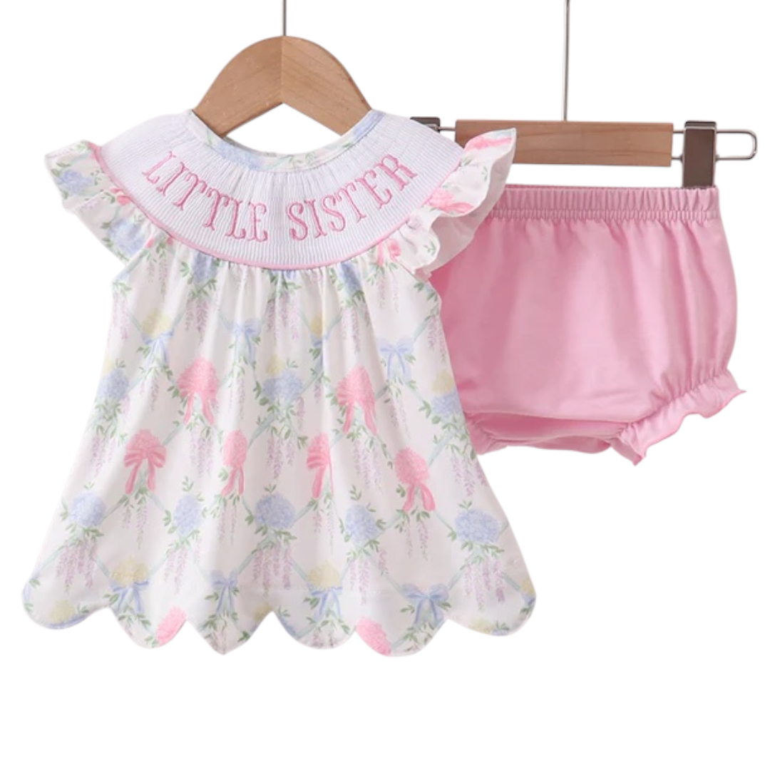 FLORAL PRINT LITTLE SISTER SMOCKED BLOOMER SET