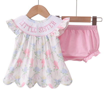 FLORAL PRINT LITTLE SISTER SMOCKED BLOOMER SET